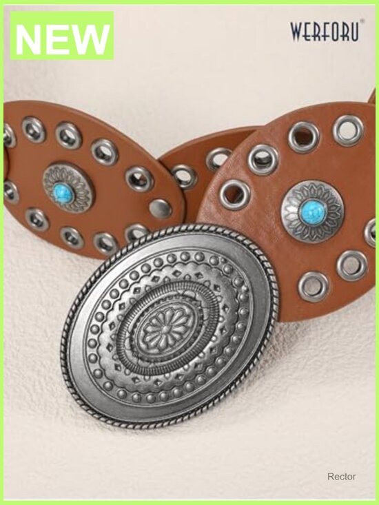 Wide Disc Western Belt with Turquoise Concho, Adjustable Faux Leather Cowgirl main image 4